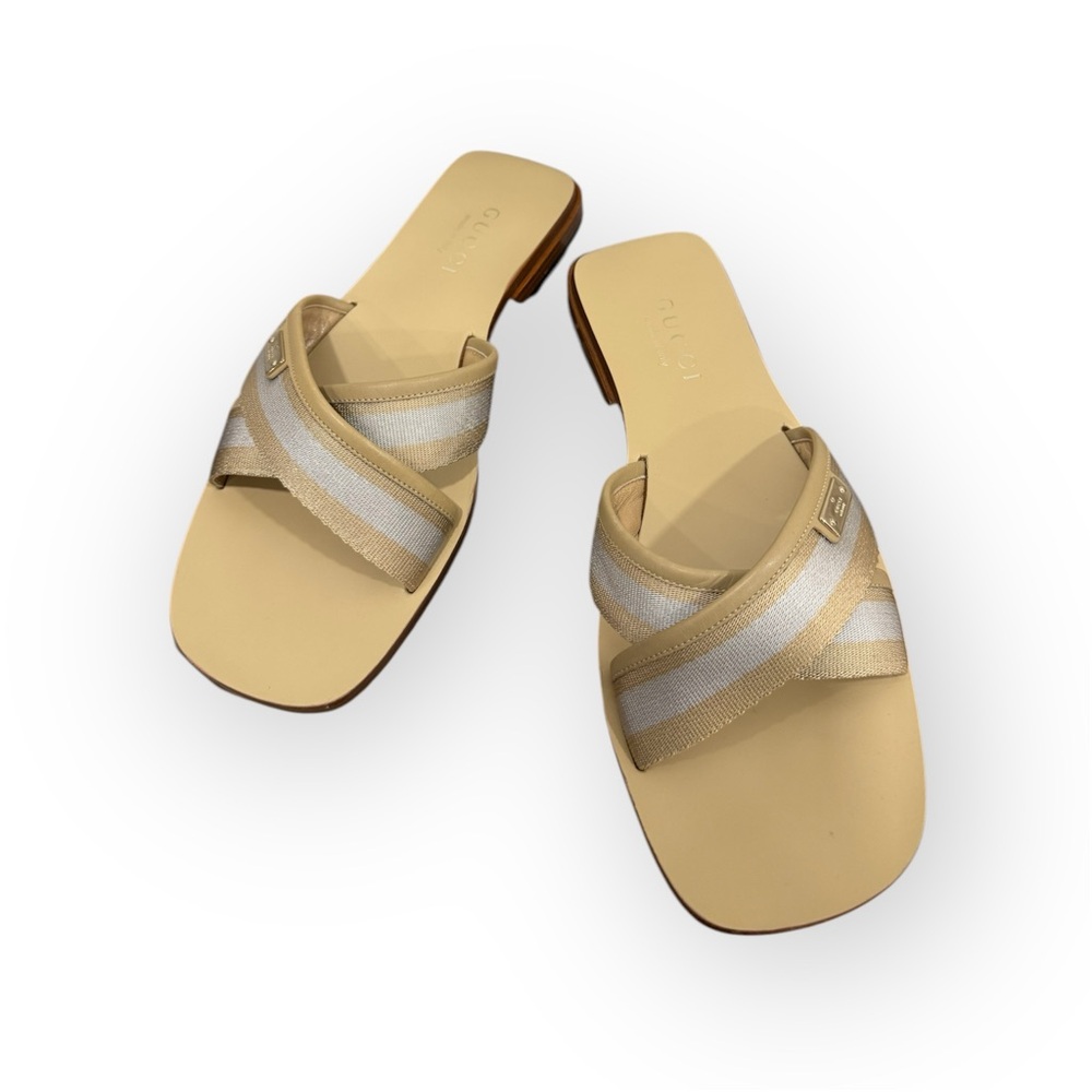 GUCCI Authentic Slide Sandals Cross Strap Beige Size 37 C